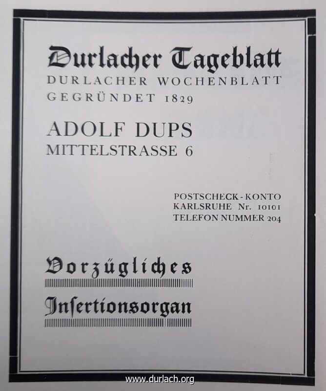 Werbung Durlacher Tageblatt 1926 Adolf Dups