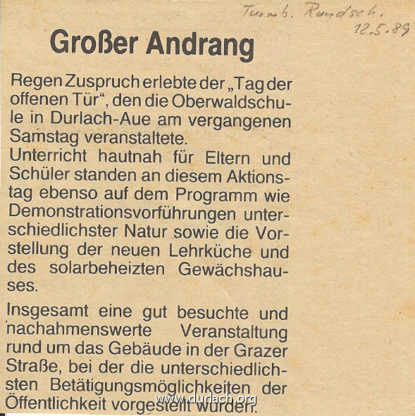 Oberwaldschule Tag der offenen Tr am 06.05.1989 (Turmberg Rundschau vom 12.05.1989)