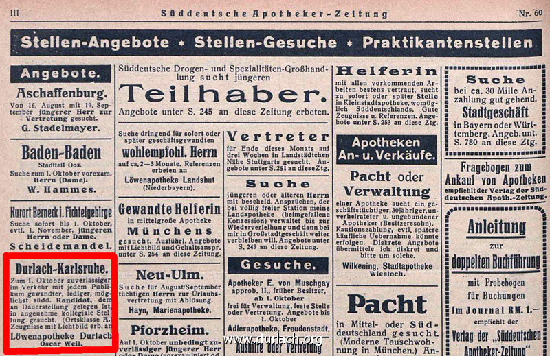 Stellenanzeige Lwenapotheke Durlach 1928