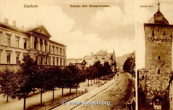 Durlach, Schule mit Hauptstrasse, Basler Tor