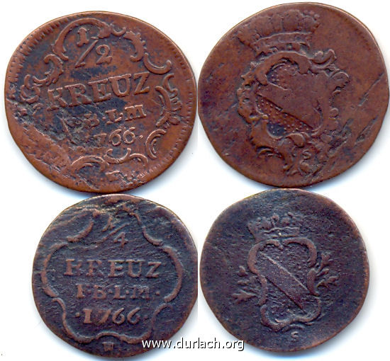1766 - Baden-Durlach: 1/2 + 1/4 Kreuzer