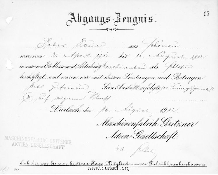 Arbeitszeugnis der Firma Gritzner von 1912 (2)