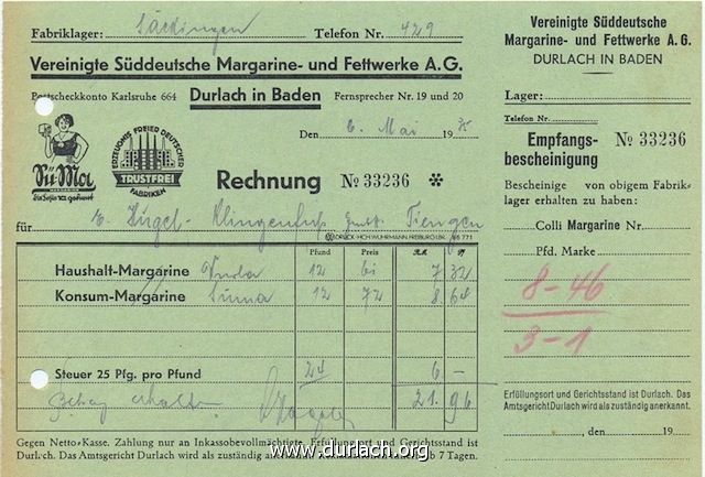 Rechnung der Durlacher Margarinefabrik, 1936
