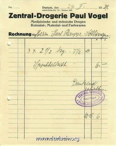 Rechnung der Drogerie Vogel von 1939