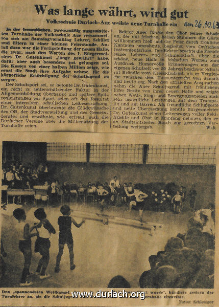 Einweihung Turnhalle der Volksschule Durlach-Aue (BNN vom 26.10.1963)