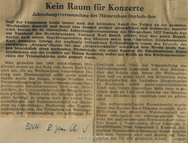 Jahreshauptversammlung des Mnnerchors Durlach-Aue (BNN vom 08.01.1966)