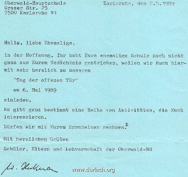 Oberwaldschule Tag der offenen Tr am 06.05.1989 Einladung Ehemalige 02.05.1989