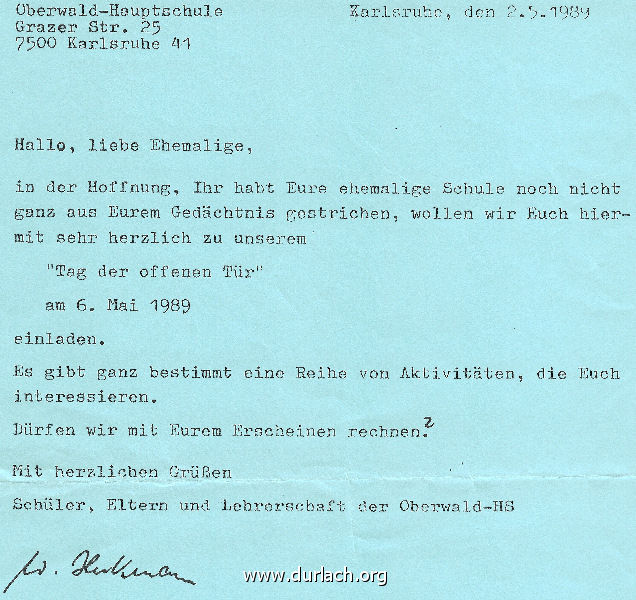 Oberwaldschule Tag der offenen Tr am 06.05.1989 Einladung Ehemalige 02.05.1989