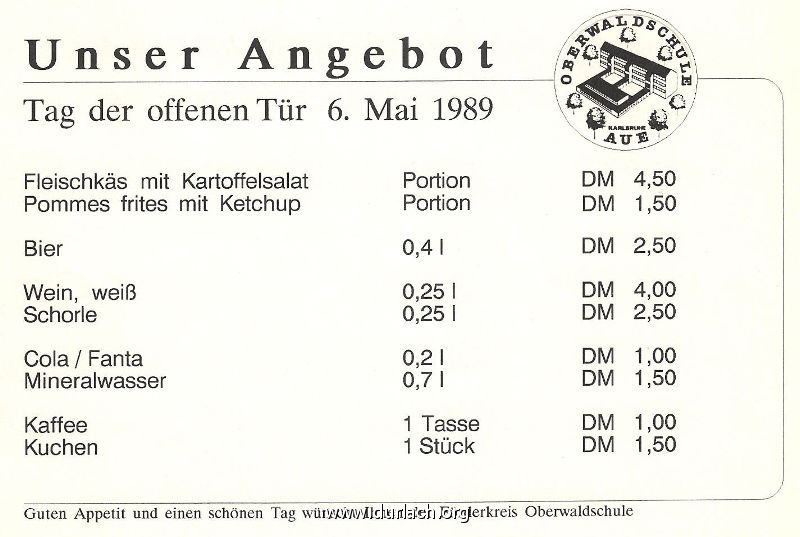 Oberwaldschule Tag der offenen Tr am 06.05.1989 Speisekarte